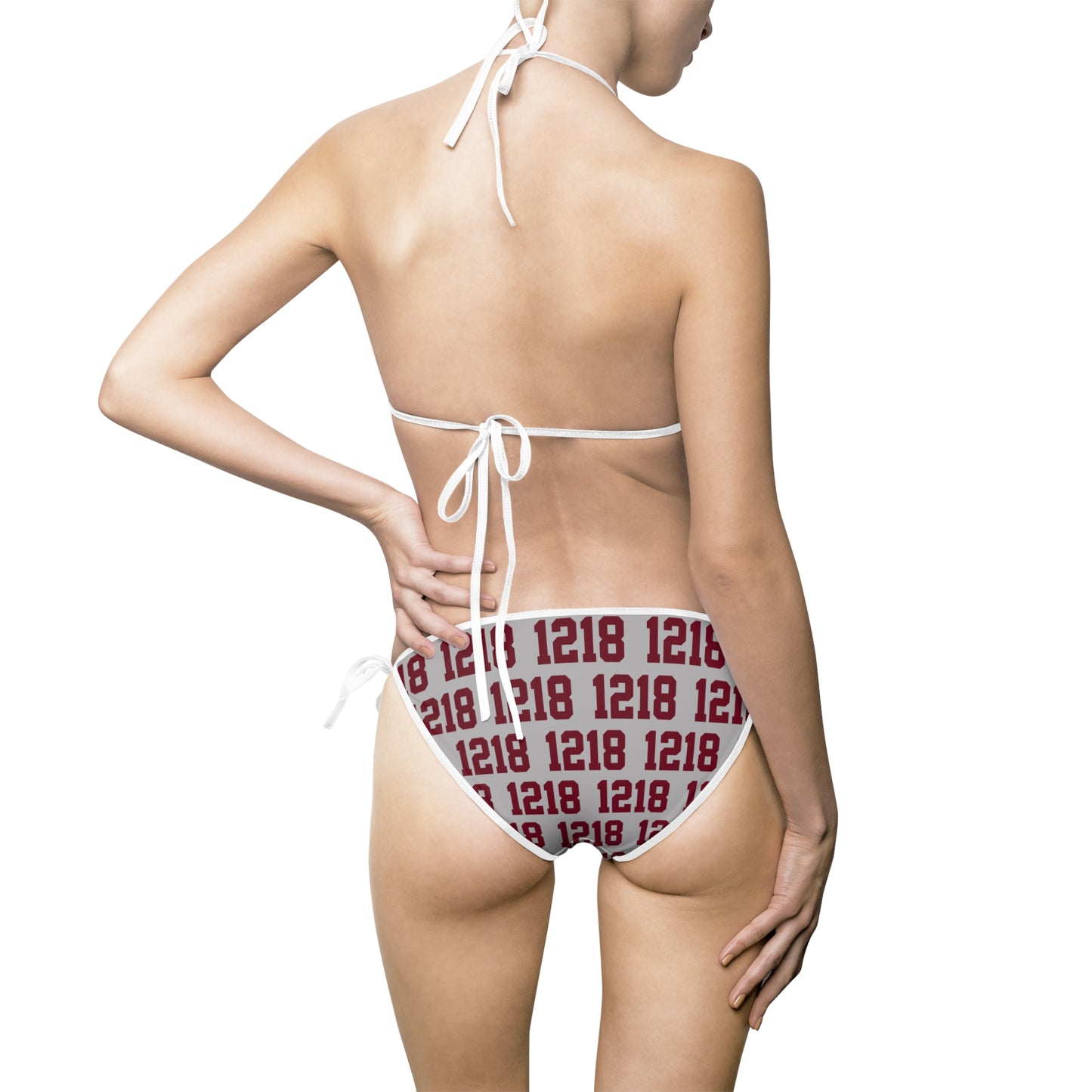 Gray & Burgundy Triangle Bikini — Women's Tie-Side Swimsuit with Patterned Accent